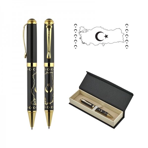A2-24002 685-KT Türkiye Kabartma Figürlü Metal Tükenmez Kalem Seti