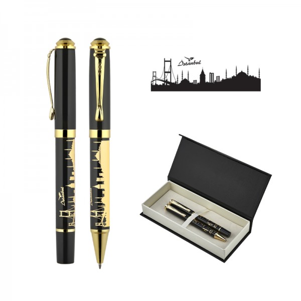 A2-20796 685-RT İstanbul Kabartma Figürlü Metal Roller & Tükenmez Kalem Seti