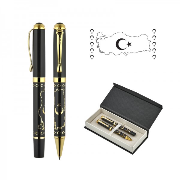 A2-24004 685-RT Türkiye Kabartma Figürlü Metal Roller & Tükenmez Kalem Seti