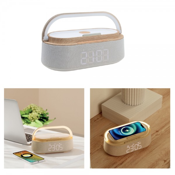 A2-31404 5’i 1 Arada Bluetooth Hoparlör, Kablosuz Şarj, Saat, Telefon Standı, Masa Lambası